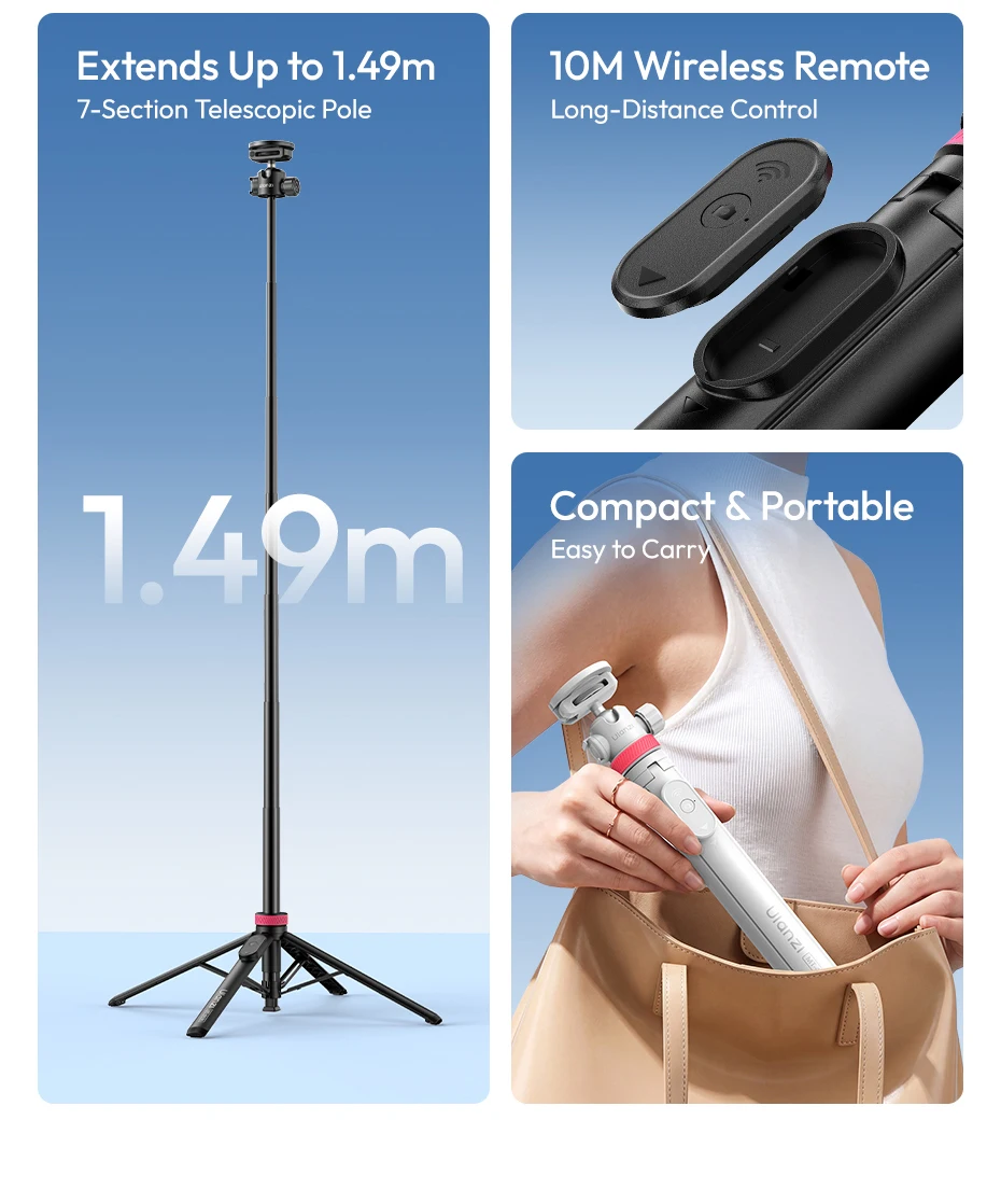 Ulanzi MT-44M Selfie Stick Ground Tripod 1/4''&Magnetic Selfie Stick for Smartphone Camera One-Touch Auto Deploy for Travel