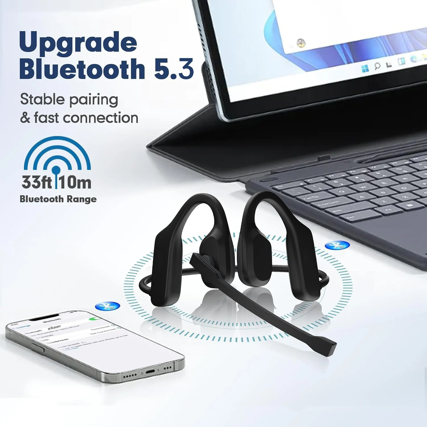 Bluetooth Headset Open Ear, Bluetooth Headphones with Microphone,Bluetooth 5.3 Wireless Headset with Boom Mic for Work Call