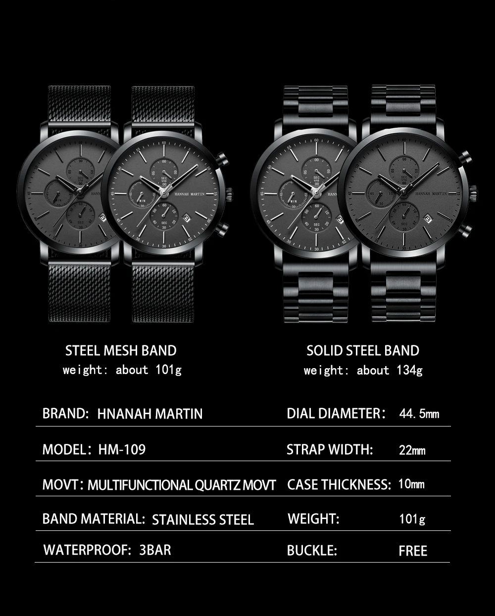 HANNAH MARTIN Brand Men Watch Black Stainless Steel Waterproof Fashion Sports Multifunctional Quartz Wristatch Relogio Masculino