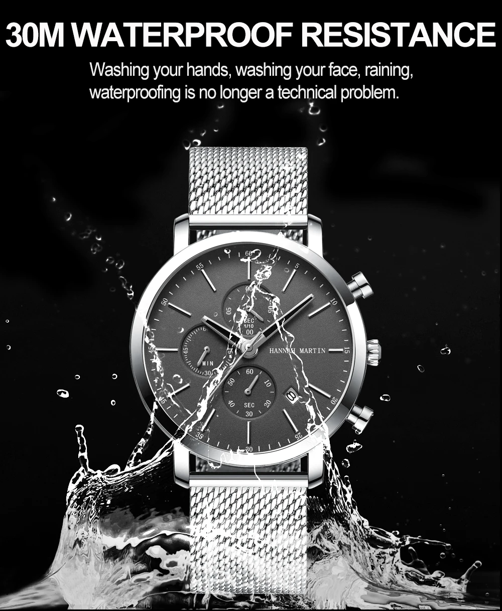 HANNAH MARTIN Brand Men Watch Black Stainless Steel Waterproof Fashion Sports Multifunctional Quartz Wristatch Relogio Masculino