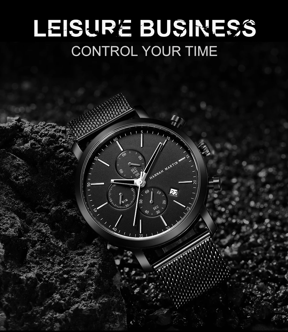 HANNAH MARTIN Brand Men Watch Black Stainless Steel Waterproof Fashion Sports Multifunctional Quartz Wristatch Relogio Masculino