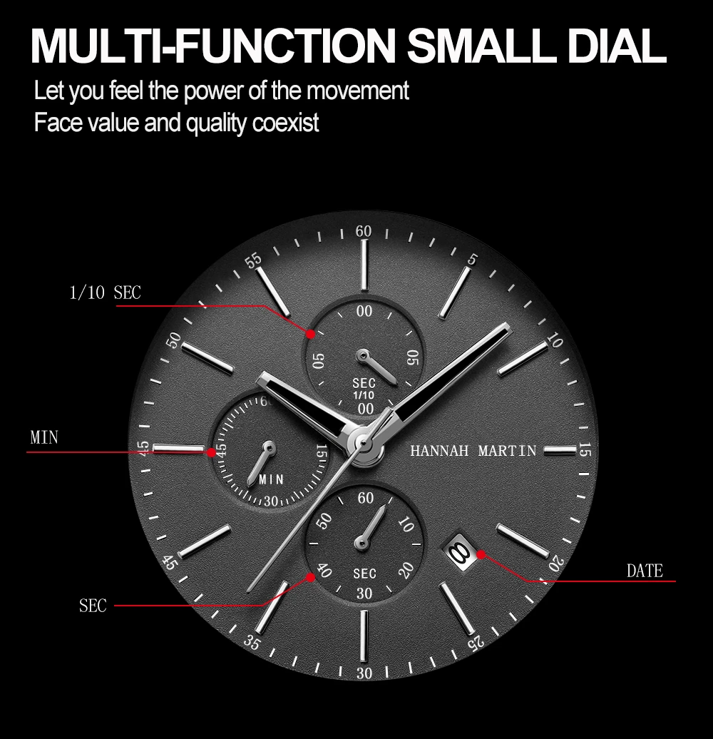 HANNAH MARTIN Brand Men Watch Black Stainless Steel Waterproof Fashion Sports Multifunctional Quartz Wristatch Relogio Masculino