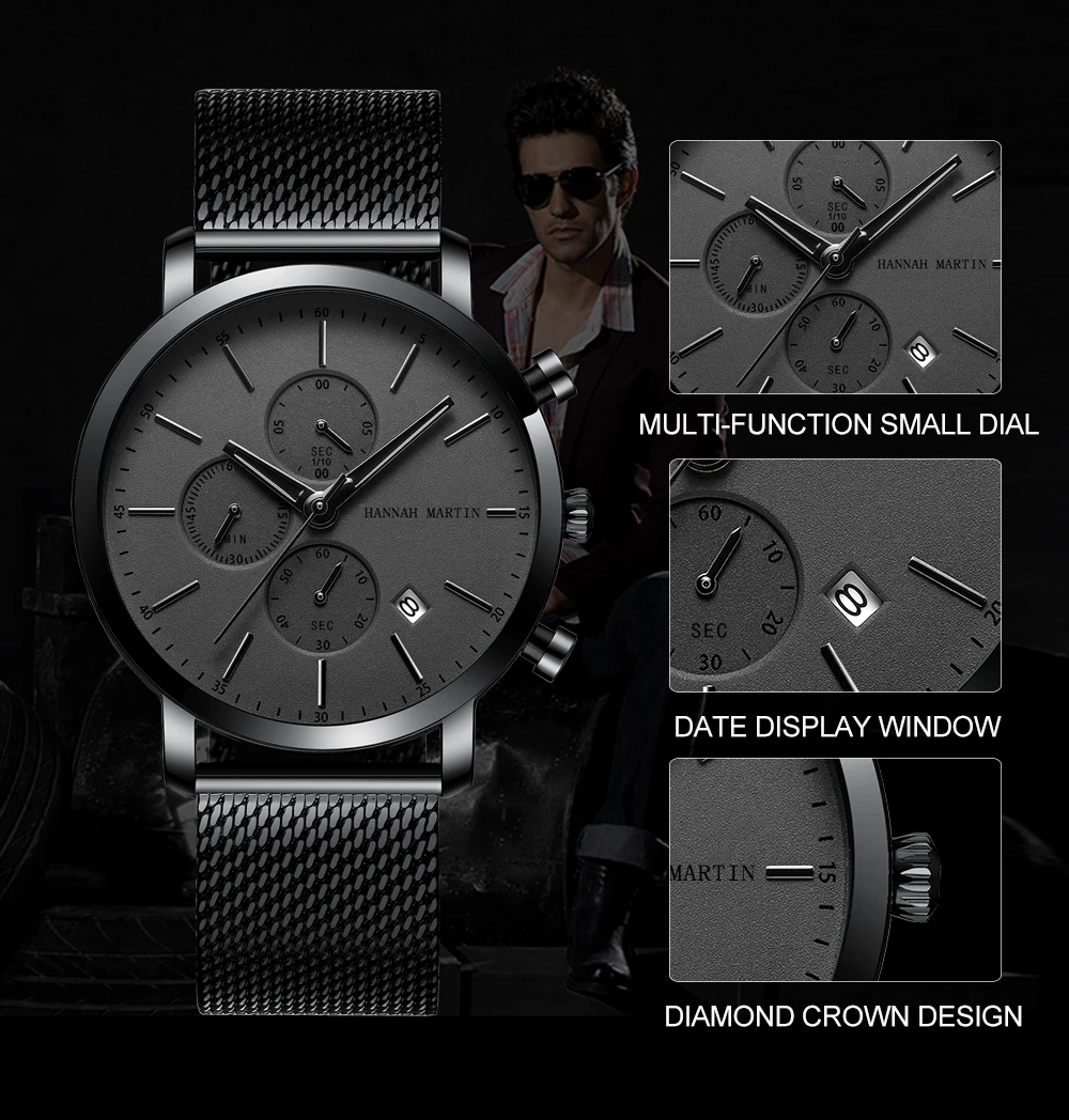 HANNAH MARTIN Brand Men Watch Black Stainless Steel Waterproof Fashion Sports Multifunctional Quartz Wristatch Relogio Masculino