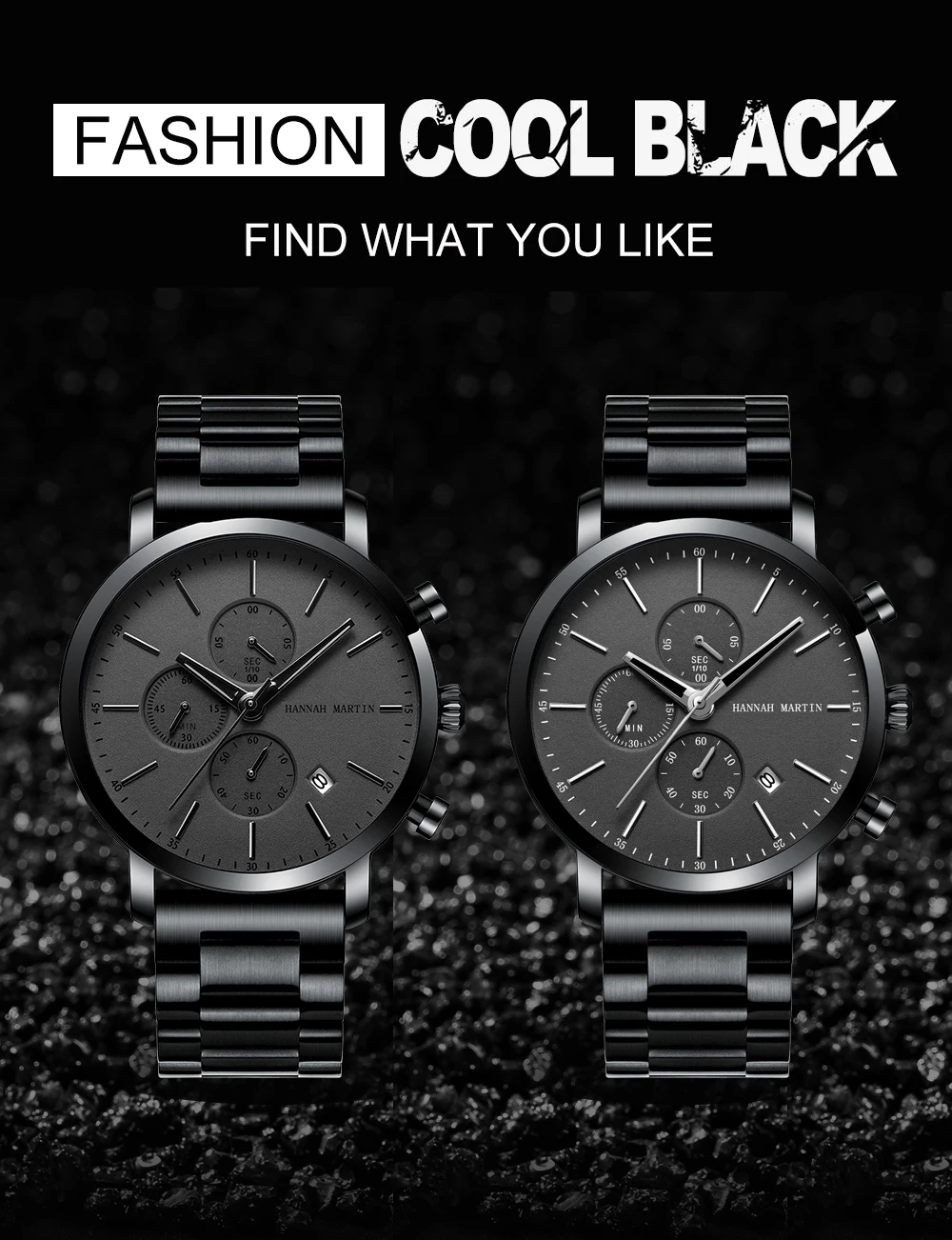 HANNAH MARTIN Brand Men Watch Black Stainless Steel Waterproof Fashion Sports Multifunctional Quartz Wristatch Relogio Masculino