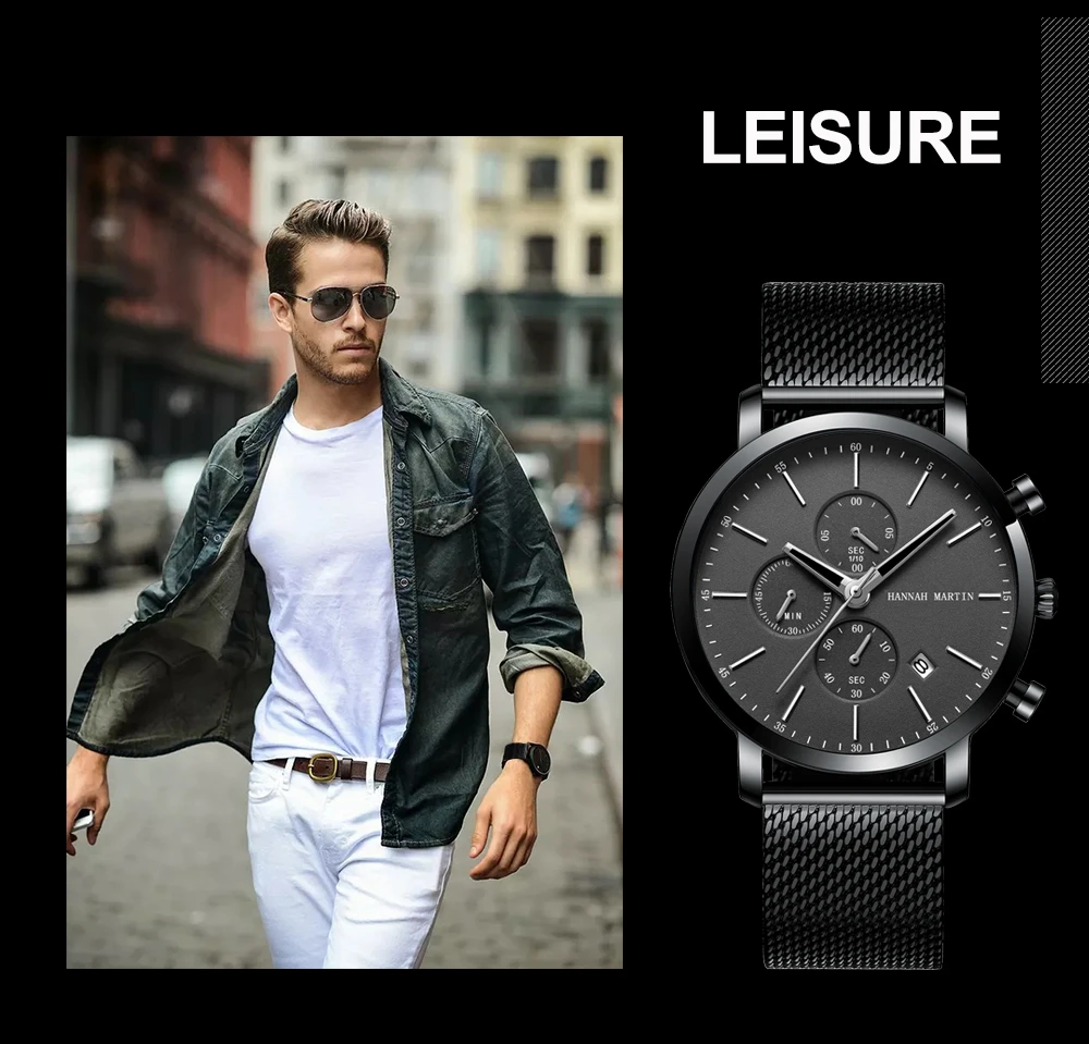 HANNAH MARTIN Brand Men Watch Black Stainless Steel Waterproof Fashion Sports Multifunctional Quartz Wristatch Relogio Masculino