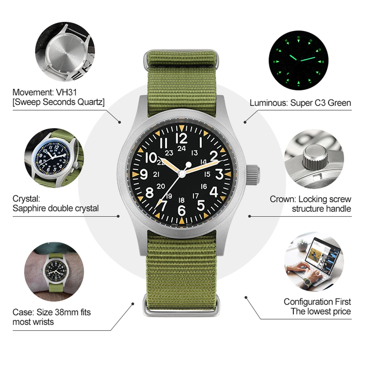 Militado Ml05 Vintage Field Watch VH31 Sweep Second Quartz Movement Sapphire Crystal High Clear AR Coating Luminous 38Mm Watches