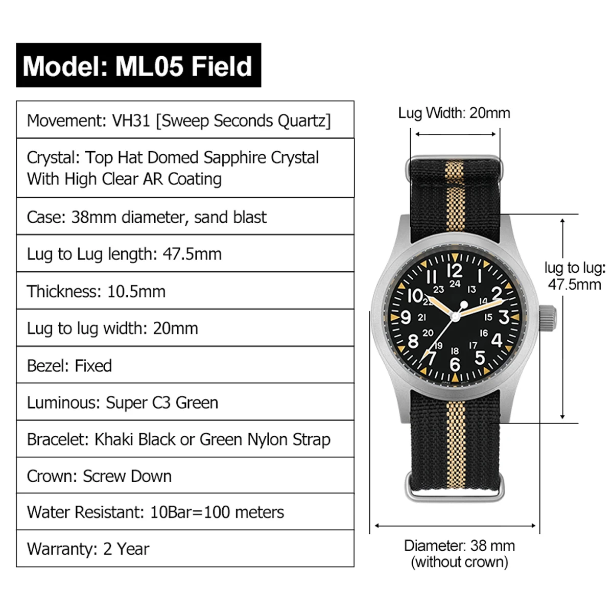 Militado Ml05 Vintage Field Watch VH31 Sweep Second Quartz Movement Sapphire Crystal High Clear AR Coating Luminous 38Mm Watches