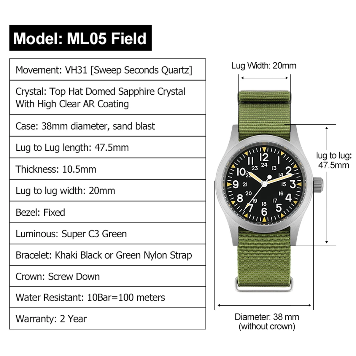 Militado Ml05 Vintage Field Watch VH31 Sweep Second Quartz Movement Sapphire Crystal High Clear AR Coating Luminous 38Mm Watches