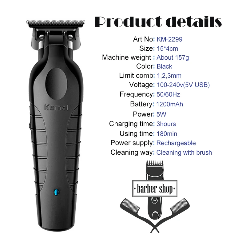 KM-2299 Hair Clipper Kemei Professional Electric USB Rechargeable Barber Trimmer Cordless Trimmer Type-c Zero Gapped Cutting