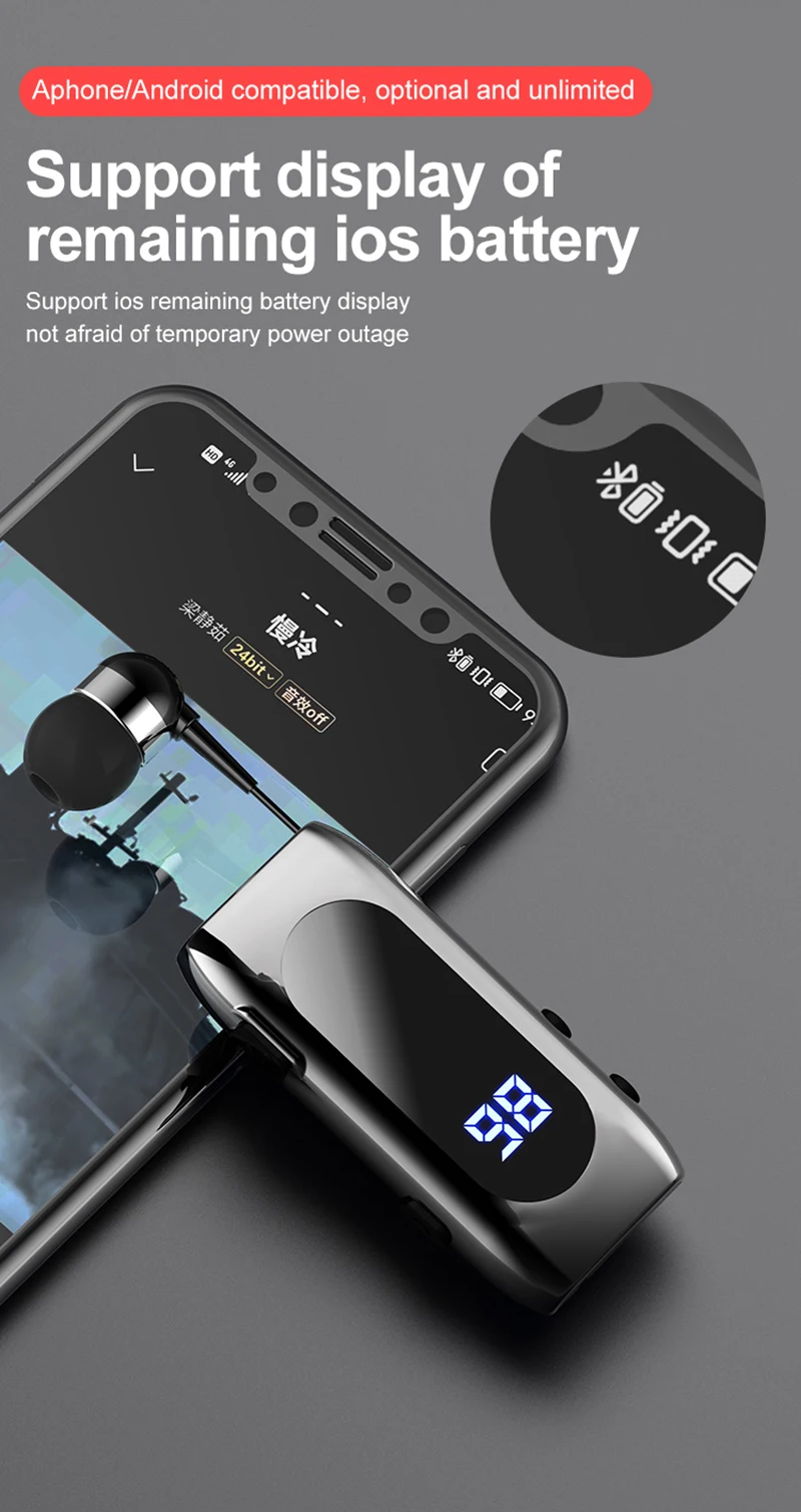 K55 Lavalier Business Bluetooth 5.2 Headphone Talk/Music Time 20 Hours,LED Digital Display,Noice Cancelling Wireless Earphones
