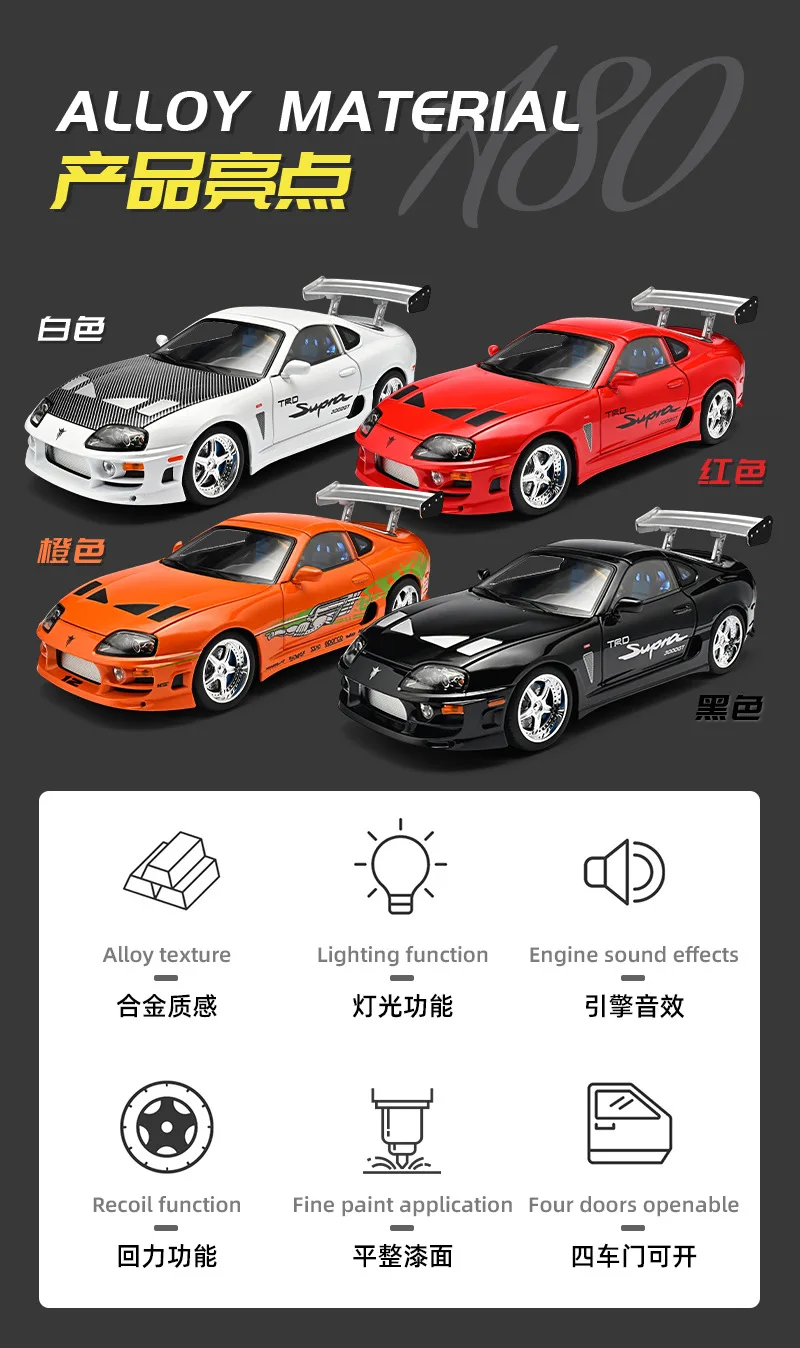 1:24 Fast & Furious Supra Alloy Diecast Sports Car Model, Pull Back Toy with Light & Sound Collectible Gift for Car Fans
