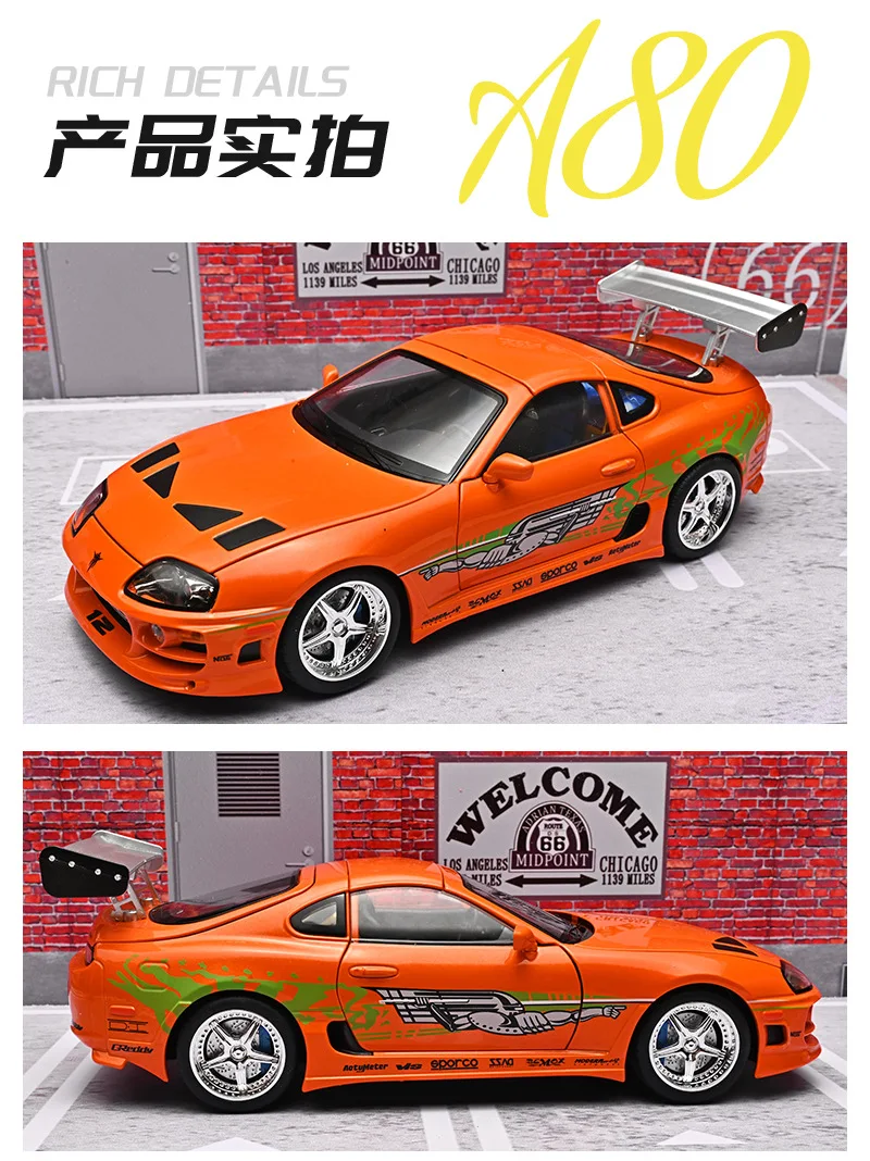 1:24 Fast & Furious Supra Alloy Diecast Sports Car Model, Pull Back Toy with Light & Sound Collectible Gift for Car Fans