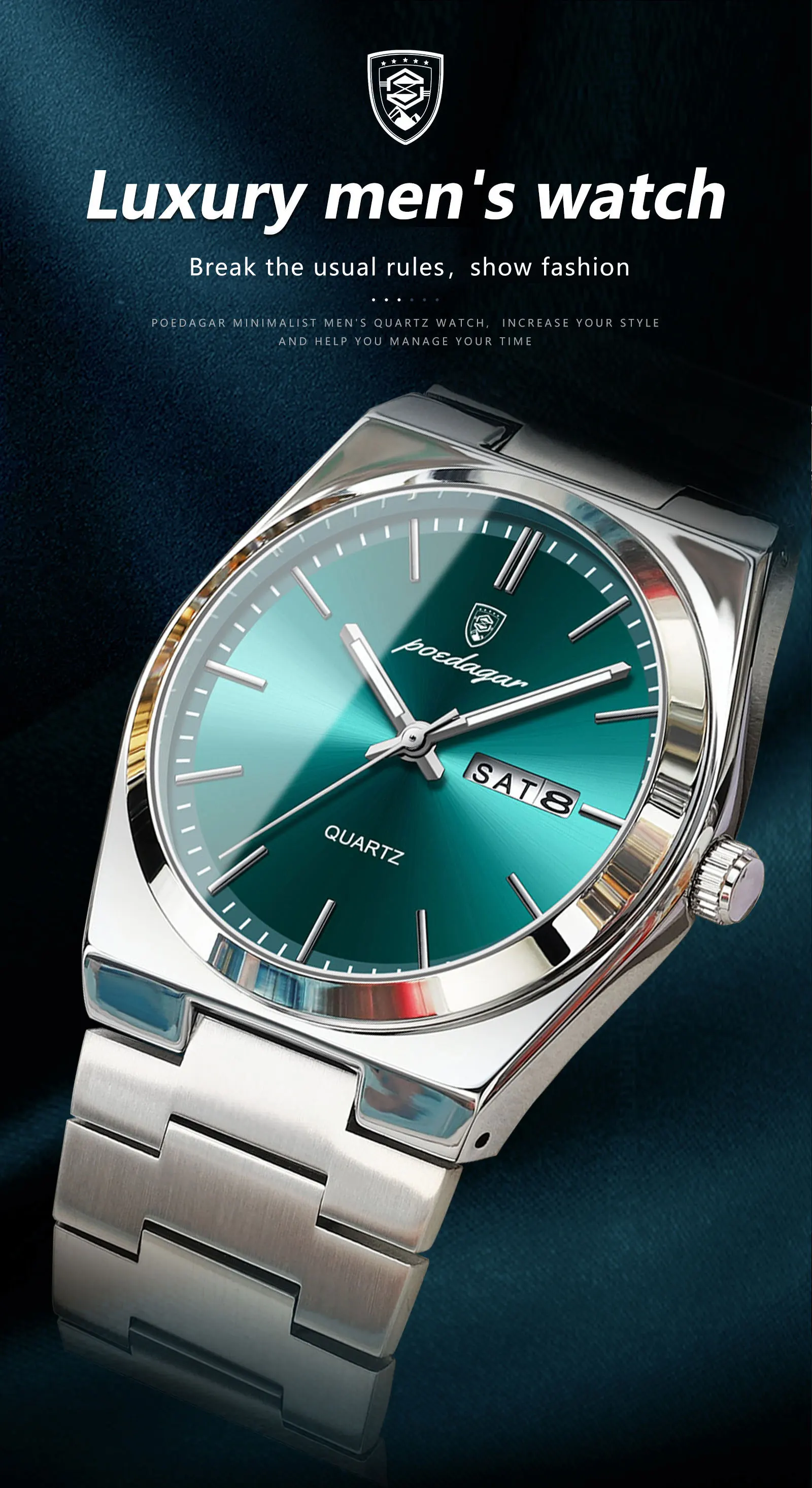 POEDAGAR Luxury Sport Quartz Man Wristwatch Waterproof Luminous Date Week Men Watches Stainless Steel Men's Watch Male Reloj+box