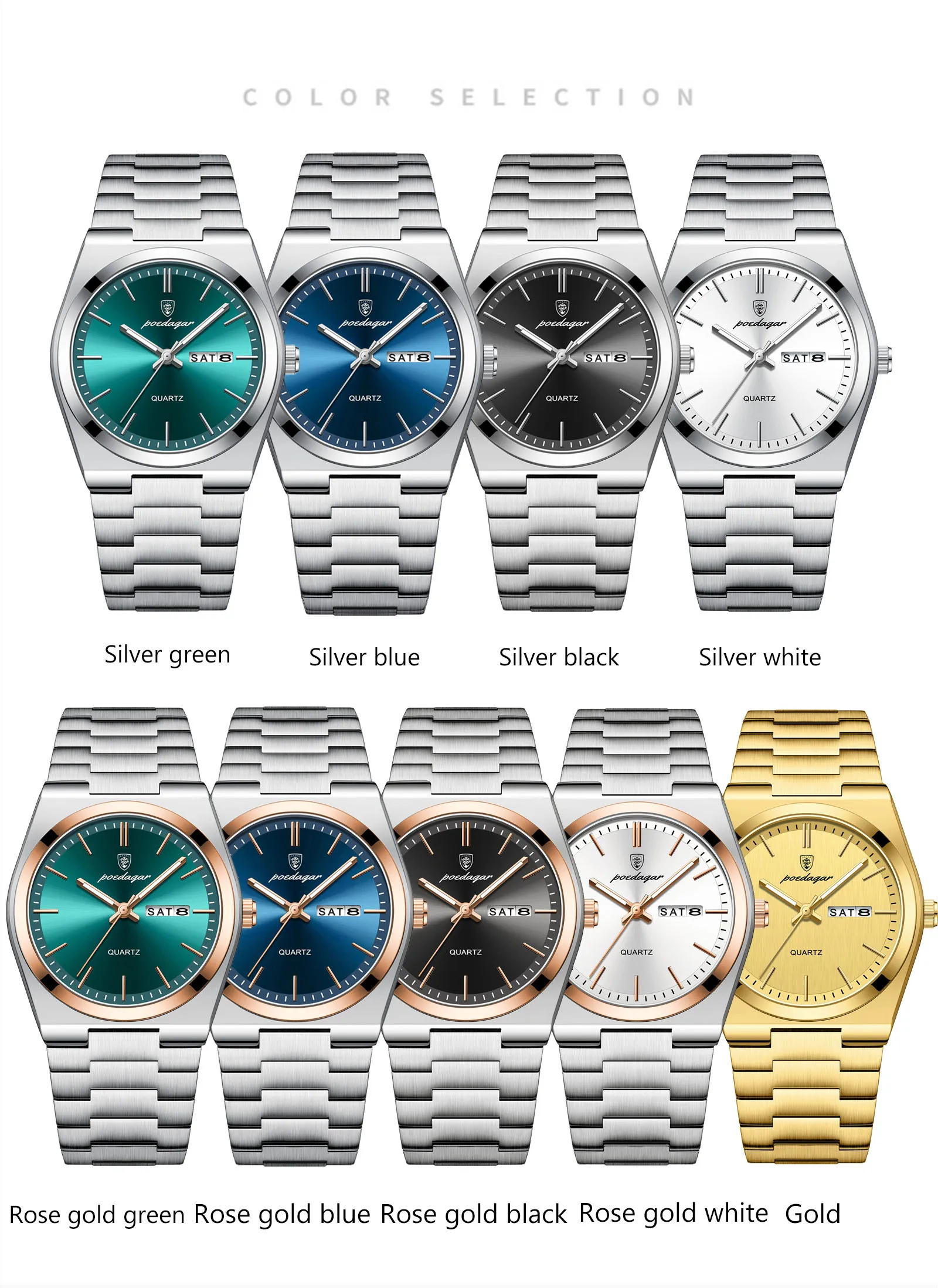 POEDAGAR Luxury Sport Quartz Man Wristwatch Waterproof Luminous Date Week Men Watches Stainless Steel Men's Watch Male Reloj+box
