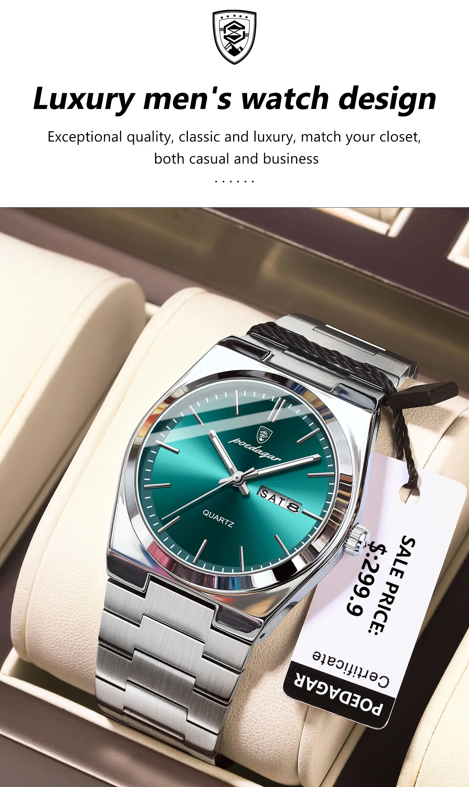 POEDAGAR Luxury Sport Quartz Man Wristwatch Waterproof Luminous Date Week Men Watches Stainless Steel Men's Watch Male Reloj+box