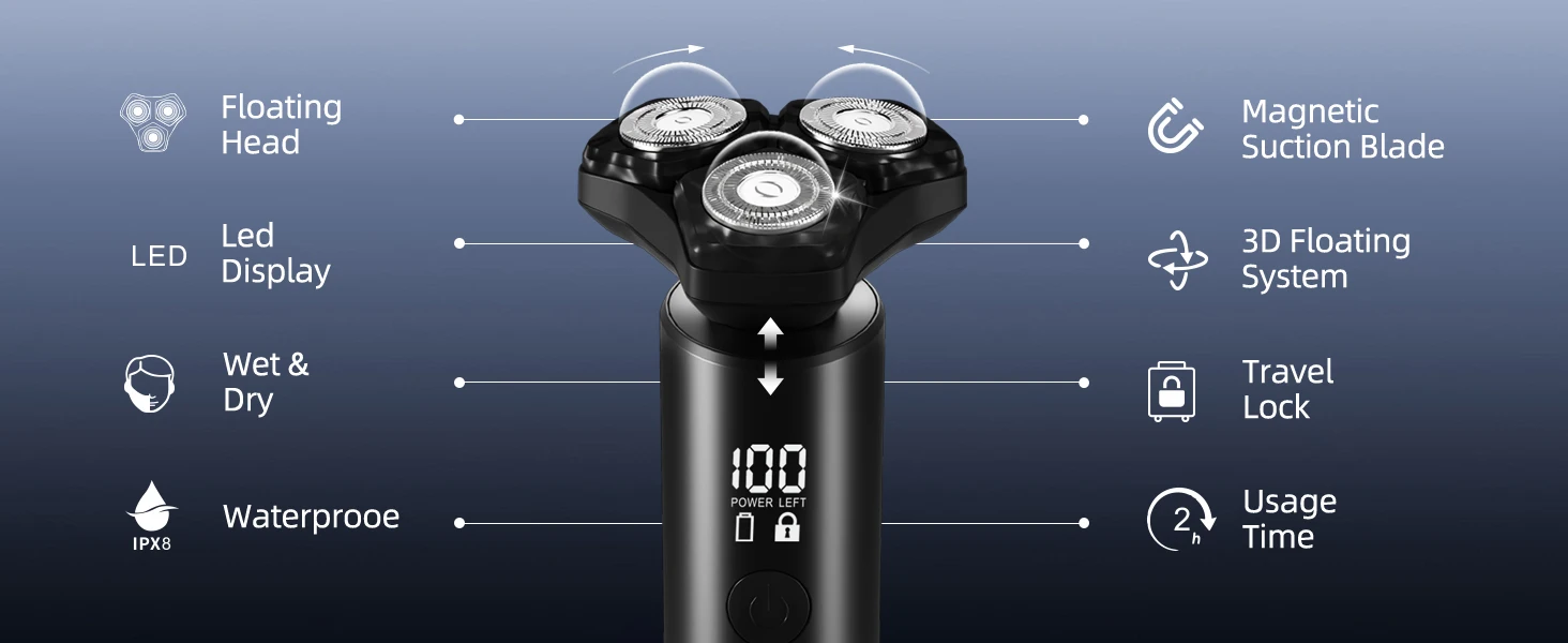 Electric Razor for Men Electric Shaver 3 Blade Rotary Shaving Machine Kit with Replacement Brush Trimmer Head