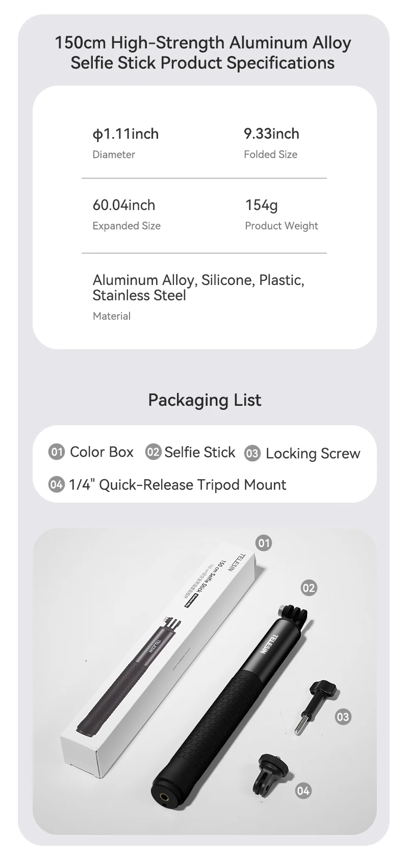 TELESIN Aluminum Selfie Stick Tripod Mount for GoPro Hero 13 12 11 10 9 8 Insta360 DJI Osmo Action Camera Lightweight Monopod