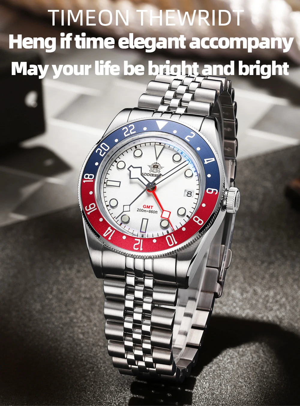 ADDIESDIVE Luxury GMT515-24H Men's Watch Diver 200m Bubble Mirror Glass BGW9 Super Luminous Stainless Steel Men's Analog Watches
