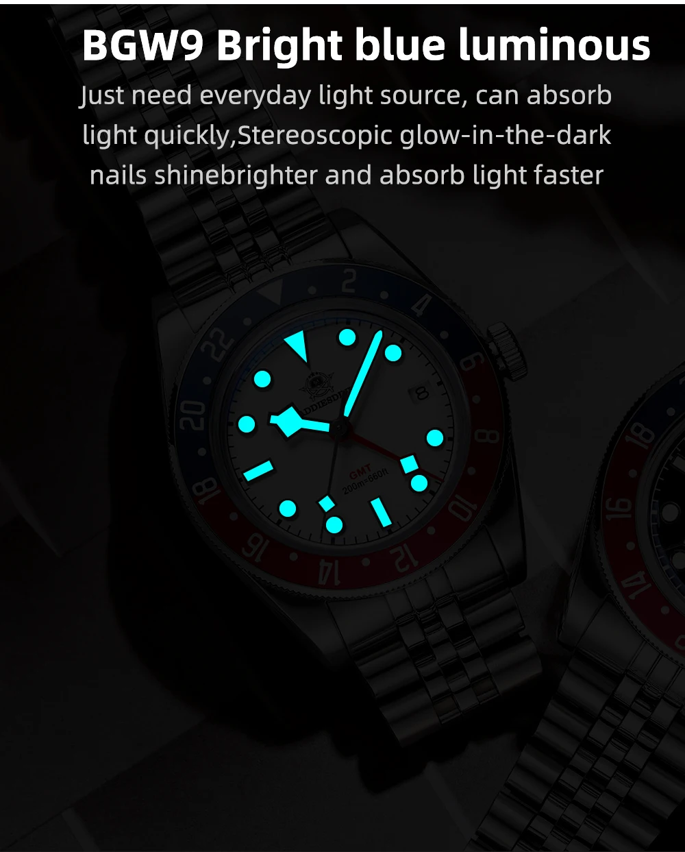 ADDIESDIVE Luxury GMT515-24H Men's Watch Diver 200m Bubble Mirror Glass BGW9 Super Luminous Stainless Steel Men's Analog Watches