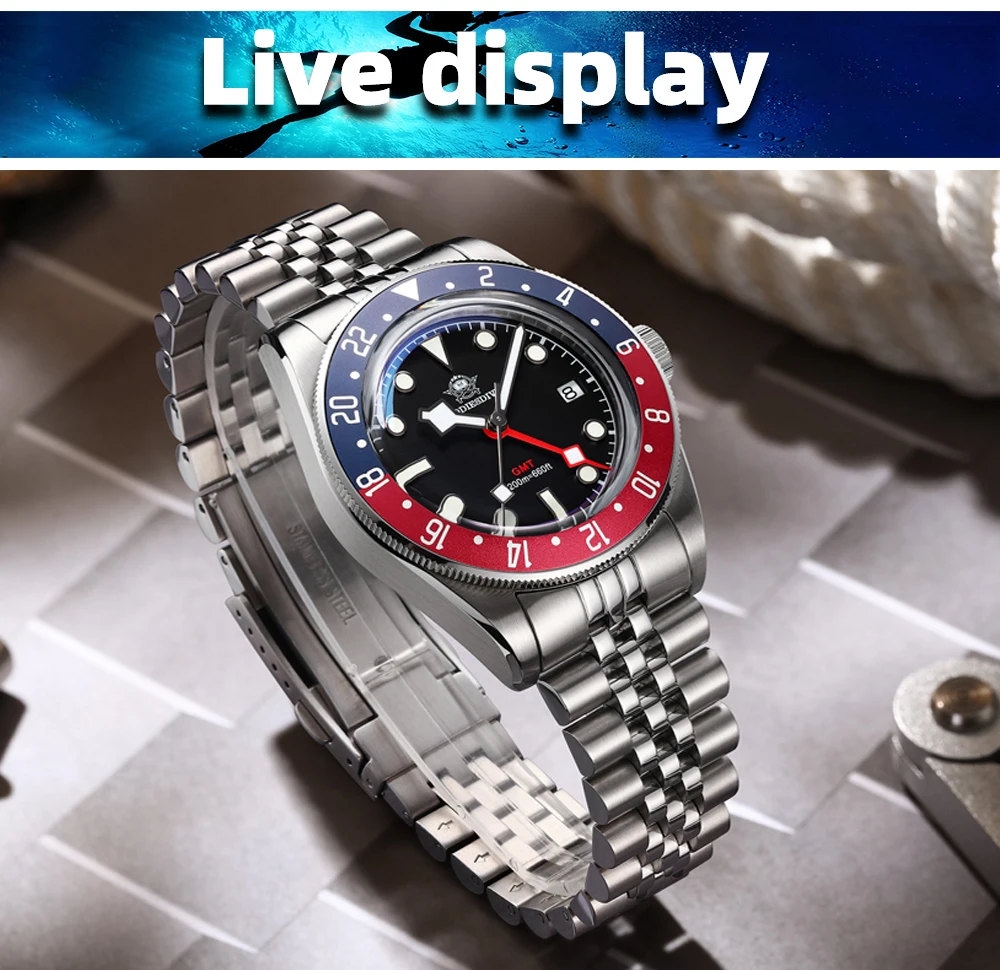 ADDIESDIVE Luxury GMT515-24H Men's Watch Diver 200m Bubble Mirror Glass BGW9 Super Luminous Stainless Steel Men's Analog Watches