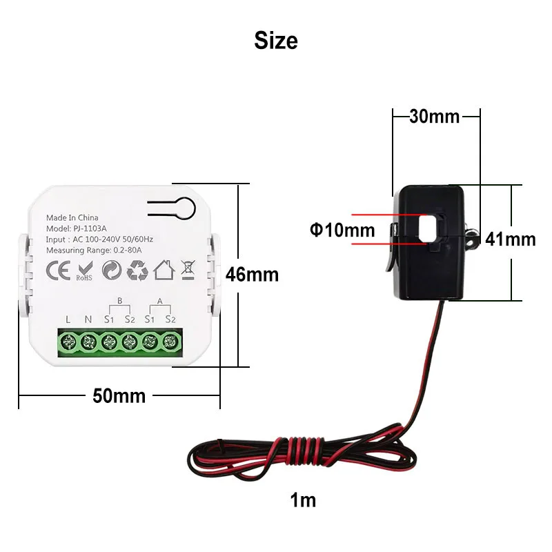 Smart WiFi Energy Meter Bidirectional with Clamp 80A for Solar/PV App Monitor Produced&Consumed Power AC100/240V Works with Tuya
