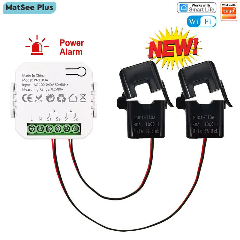 Smart WiFi Energy Meter Bidirectional with Clamp 80A for Solar/PV App Monitor Produced&Consumed Power AC100/240V Works with Tuya