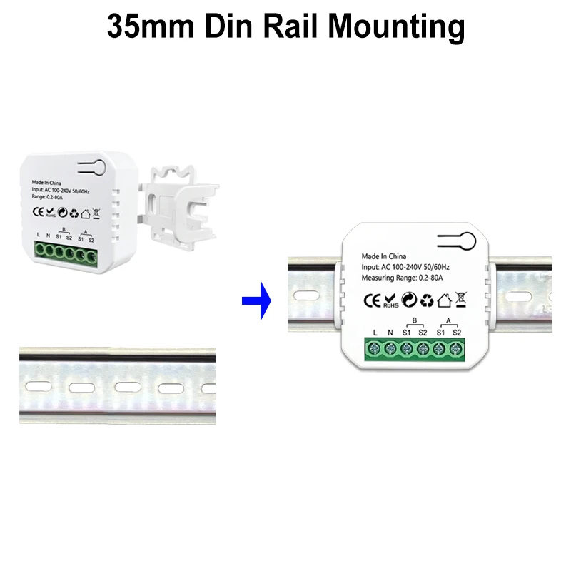Smart WiFi Energy Meter Bidirectional with Clamp 80A for Solar/PV App Monitor Produced&Consumed Power AC100/240V Works with Tuya