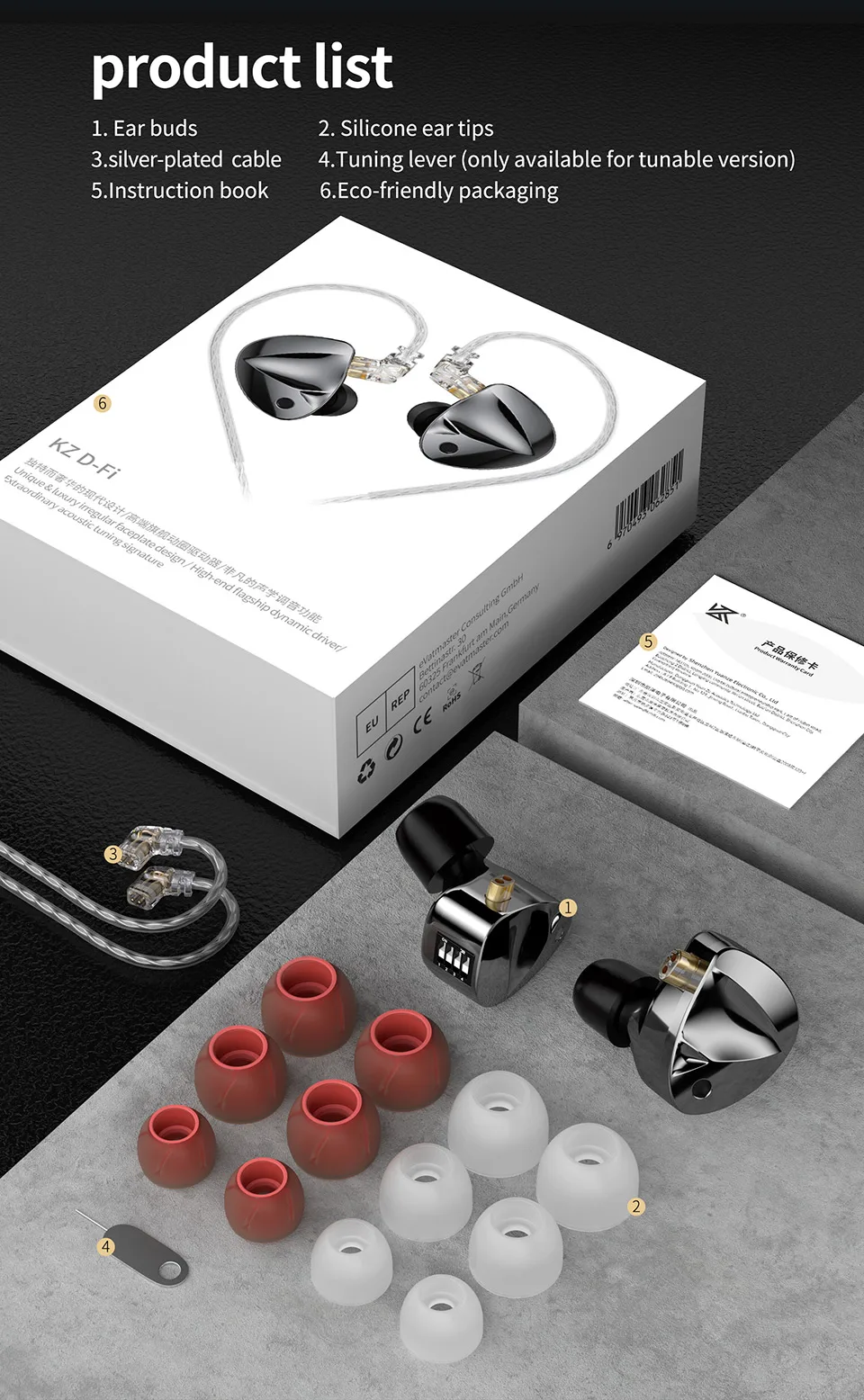 KZ D-Fi Earphones HIFI Bass Earbuds Monitor 4-Level Tuning Switch Headphone Sport Stereo Sound Noise Reduction Headset