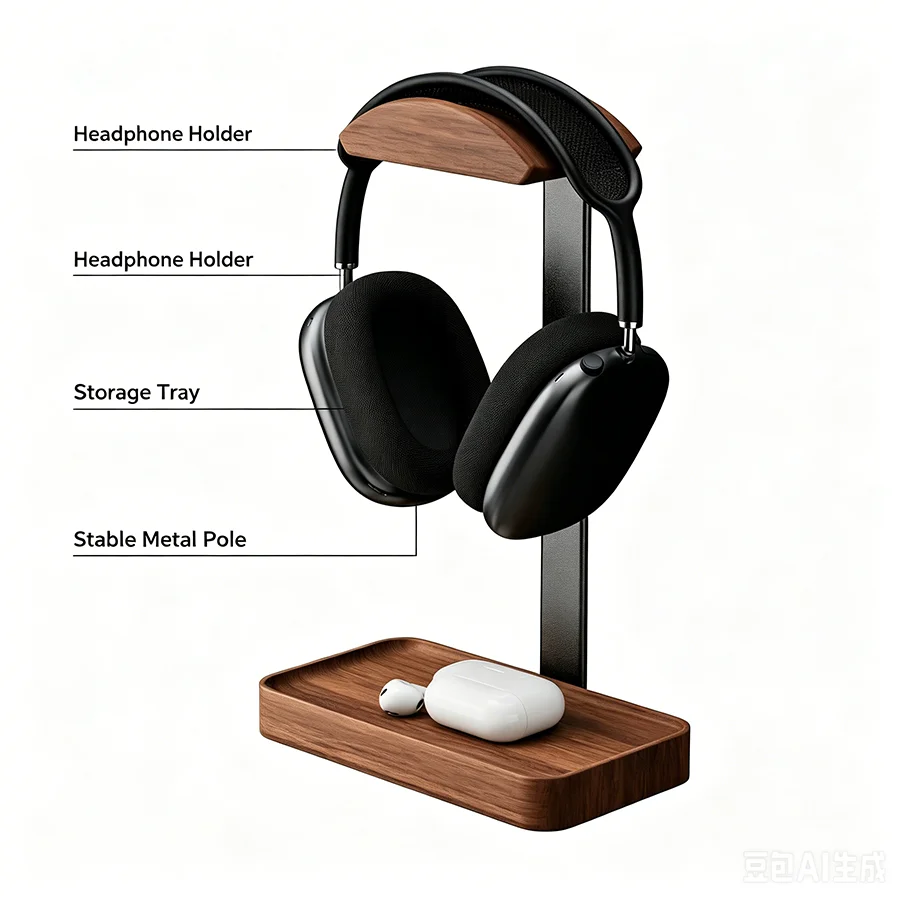 Solid Wood Headphones Stand Black Walnut+Aluminum Alloy Gaming Headset Holder Desktop Bracket Display Shelf with Storage Base