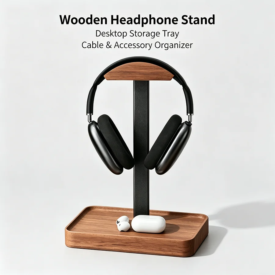 Solid Wood Headphones Stand Black Walnut+Aluminum Alloy Gaming Headset Holder Desktop Bracket Display Shelf with Storage Base