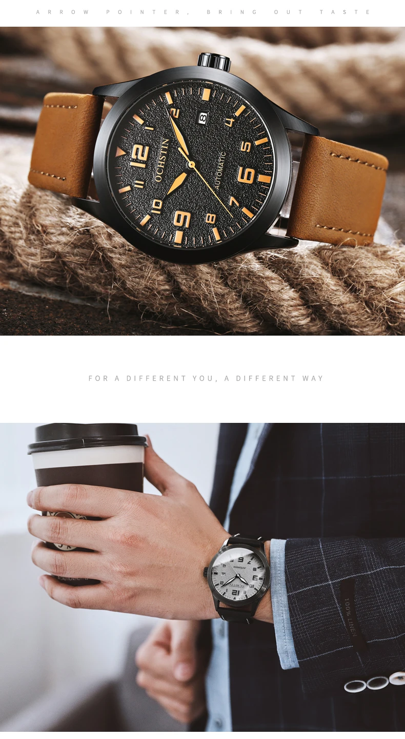 OCHSTIN Man Mechanical Pilot Wrist Watches Luxury Self Wind Leather Mechanic Male Clock Auto Date Relogio Masculino Gift for Men