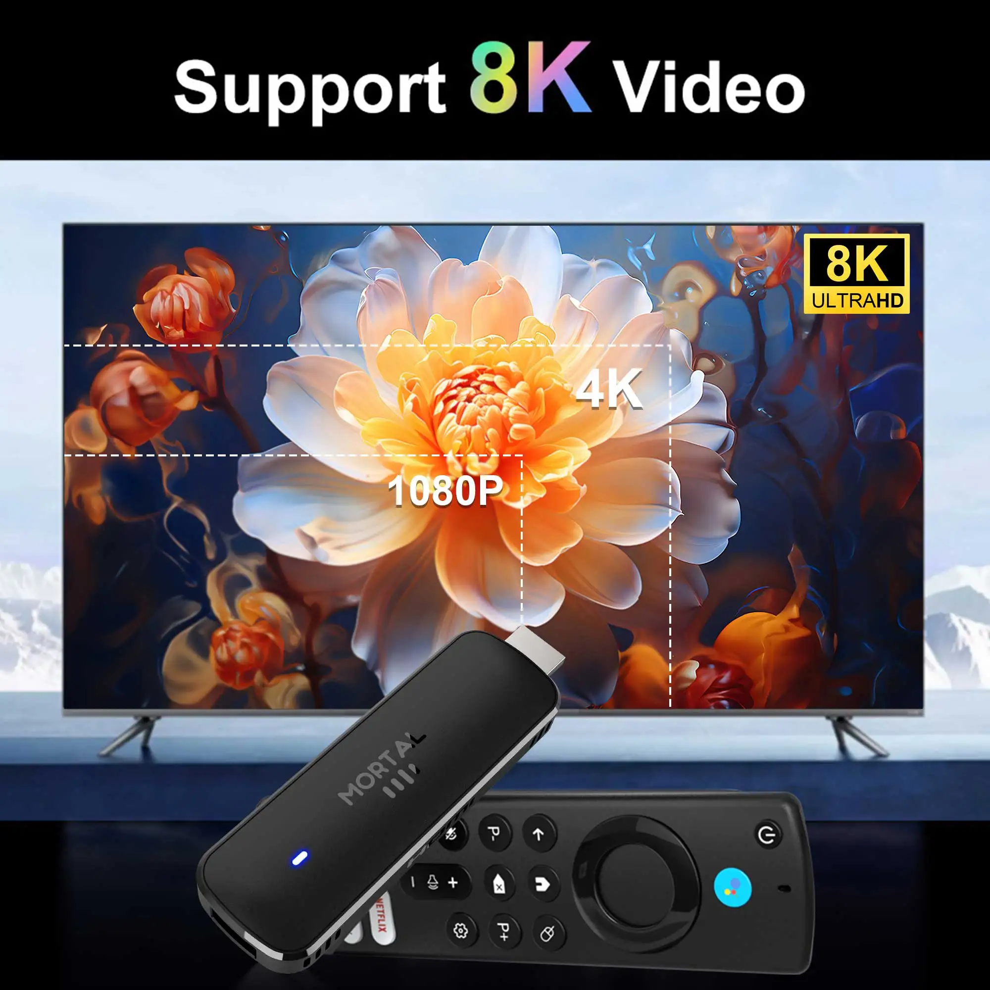 Mortal Q8 Android14 TV Stick WIFI6 Voice Control TV Stick 8K Video RK3518 Netflix YouTube TV Box Free Live TV Streaming