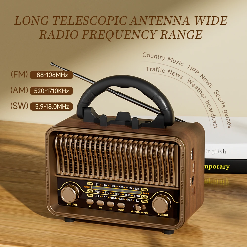 Retro Portable AM/FM/SW Radio with Rechargeable Battery, TF/AUX Playback & Antenna. Wireless for Home, or Emergency.