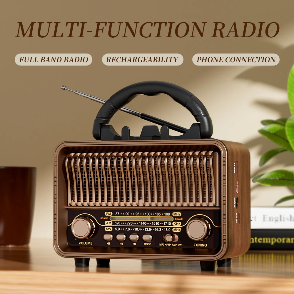 Retro Portable AM/FM/SW Radio with Rechargeable Battery, TF/AUX Playback & Antenna. Wireless for Home, or Emergency.