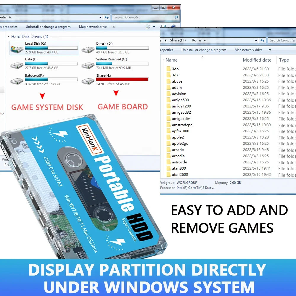 KINHANK 500G Gaming HDD Super Console 100000 Video Games 70 Emulators For DC/MAME/SS/NAOMI/PS2/PS1 Plug and Play Batocera OS