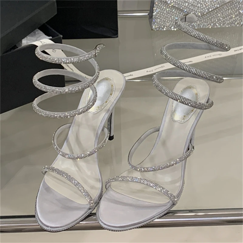Eilyken Street Style Crystal Diamonds Ankle Strap Women Sandals Sexy Open Toe Thin High Heels Party Prom Summer Shoes