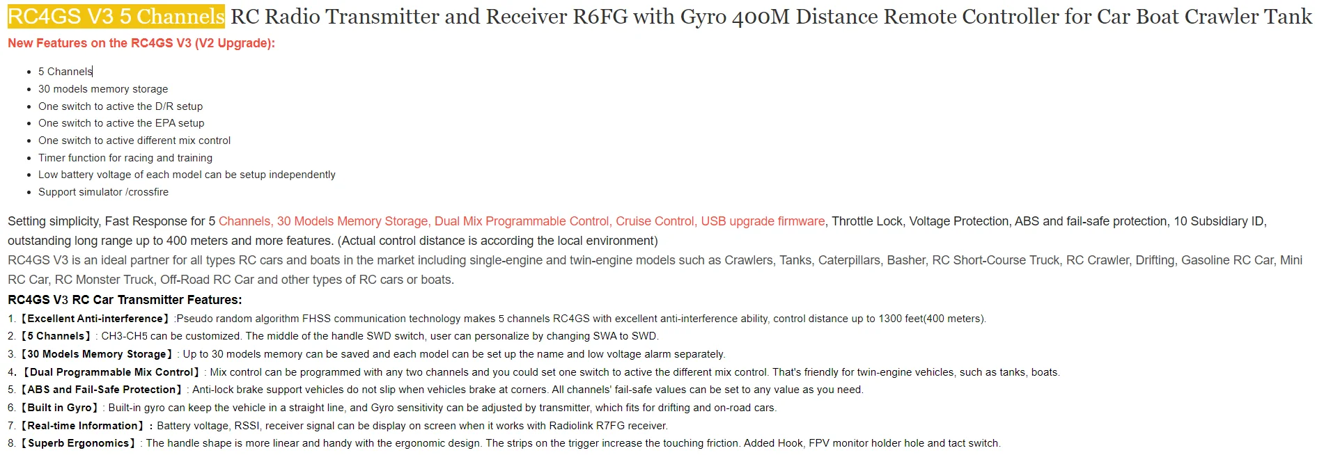 Radiolink RC6GS V3 2.4G 7 Channel Radio Transmitter with R7FG Receiver Gyro Telemetry Included Remote Controller for RC Car Boat
