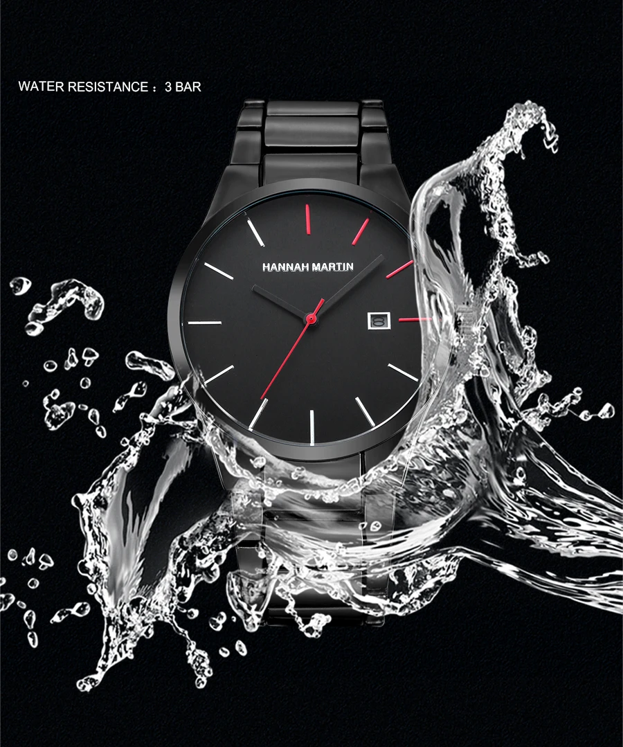 Hannah Martin Men's Stainless Steel Watch Fashion Business Style Black Minimalist Style 3Bar Waterproof Quartz Movement Watches