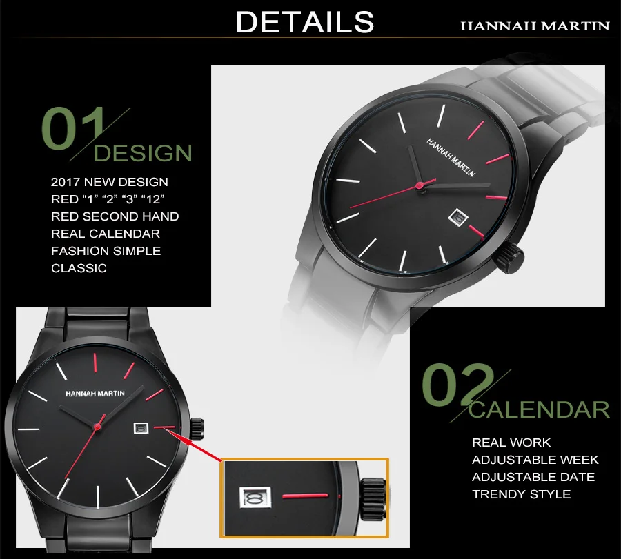 Hannah Martin Men's Stainless Steel Watch Fashion Business Style Black Minimalist Style 3Bar Waterproof Quartz Movement Watches