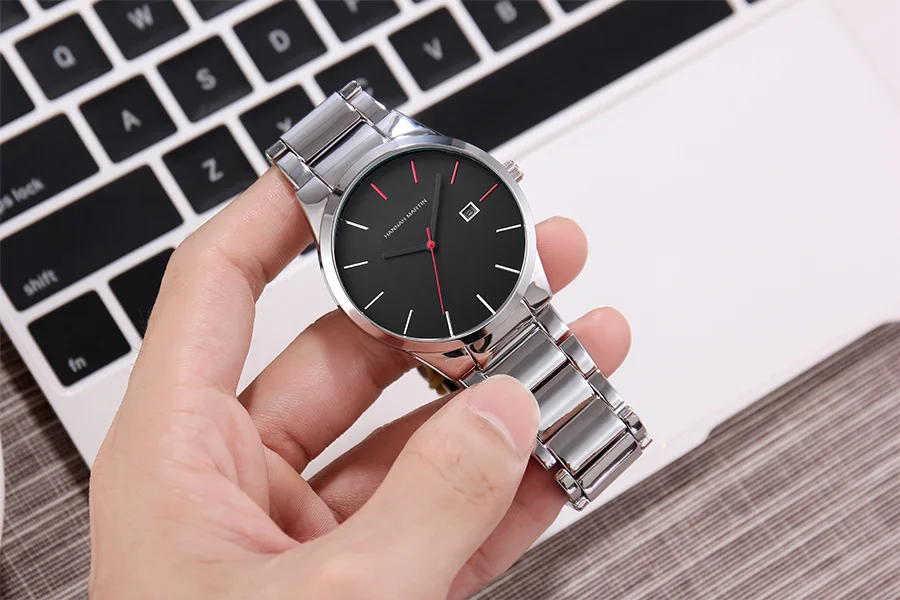 Hannah Martin Men's Stainless Steel Watch Fashion Business Style Black Minimalist Style 3Bar Waterproof Quartz Movement Watches