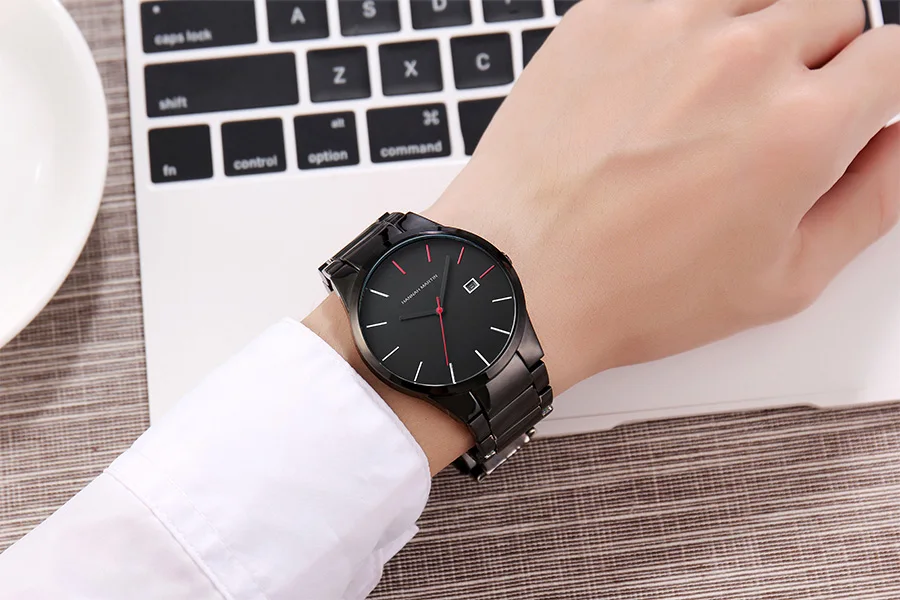 Hannah Martin Men's Stainless Steel Watch Fashion Business Style Black Minimalist Style 3Bar Waterproof Quartz Movement Watches