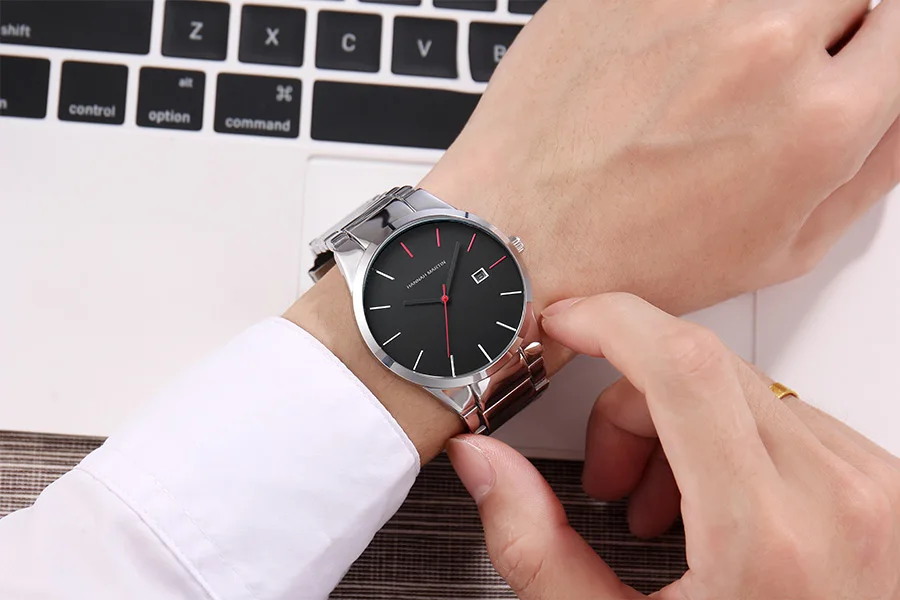 Hannah Martin Men's Stainless Steel Watch Fashion Business Style Black Minimalist Style 3Bar Waterproof Quartz Movement Watches