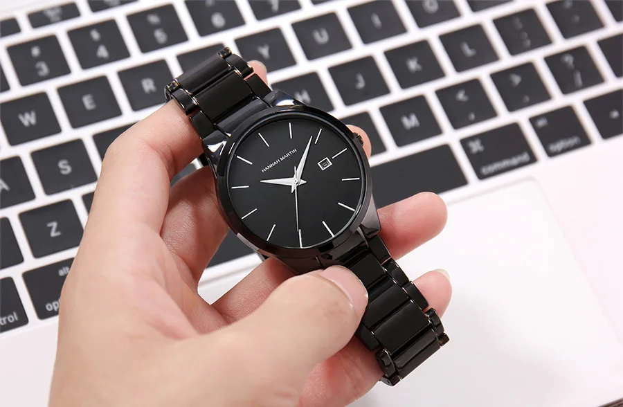 Hannah Martin Men's Stainless Steel Watch Fashion Business Style Black Minimalist Style 3Bar Waterproof Quartz Movement Watches
