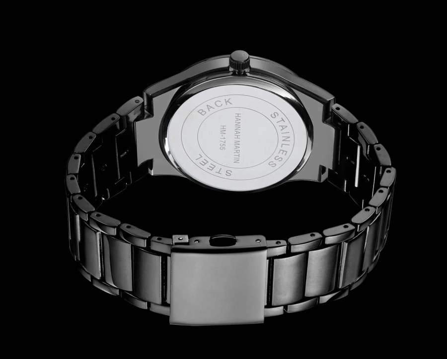 Hannah Martin Men's Stainless Steel Watch Fashion Business Style Black Minimalist Style 3Bar Waterproof Quartz Movement Watches