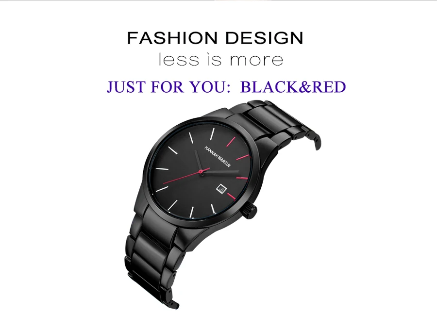 Hannah Martin Men's Stainless Steel Watch Fashion Business Style Black Minimalist Style 3Bar Waterproof Quartz Movement Watches