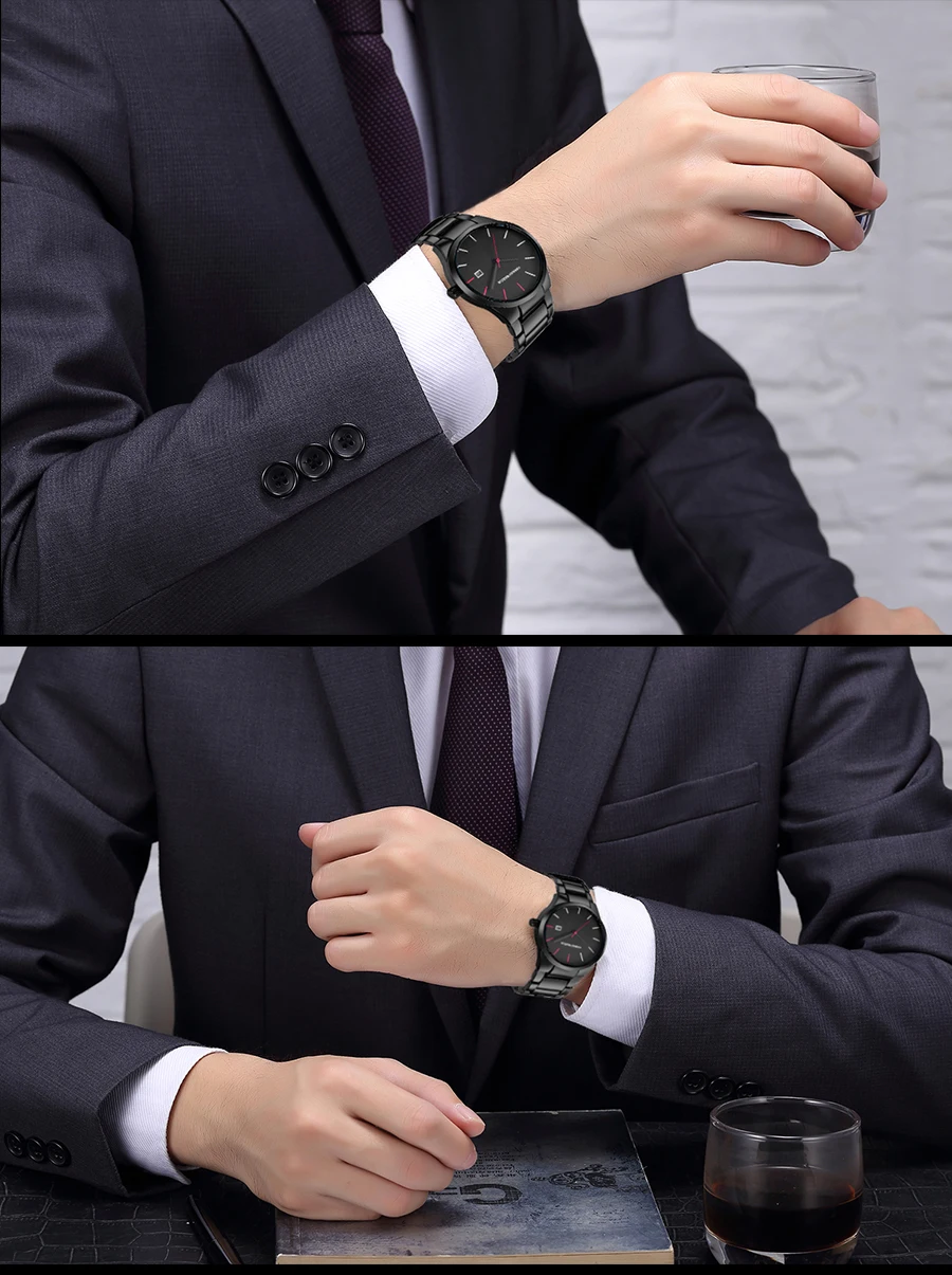 Hannah Martin Men's Stainless Steel Watch Fashion Business Style Black Minimalist Style 3Bar Waterproof Quartz Movement Watches