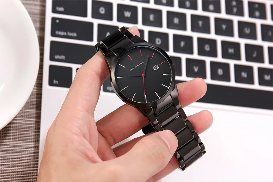 Hannah Martin Men's Stainless Steel Watch Fashion Business Style Black Minimalist Style 3Bar Waterproof Quartz Movement Watches