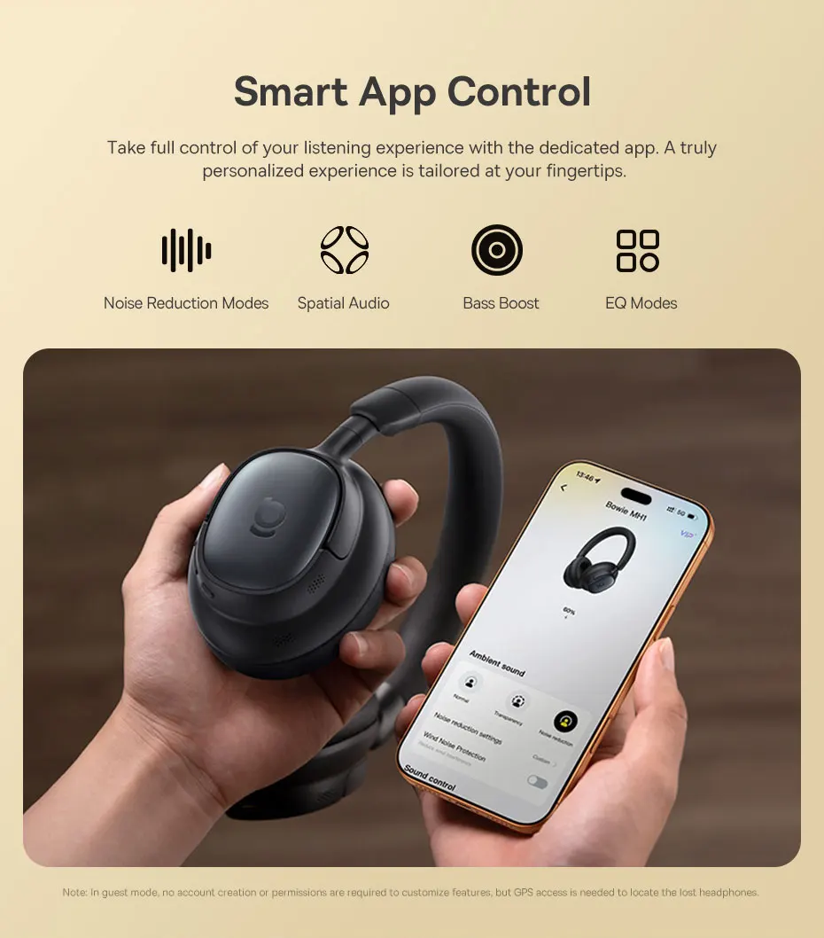 Baseus Bowie MH1 Bluetooth Headphones 48dB Noise Cancellation Hi-res LDAC Over Ear Headset Audio Wireless Earphone Earbuds