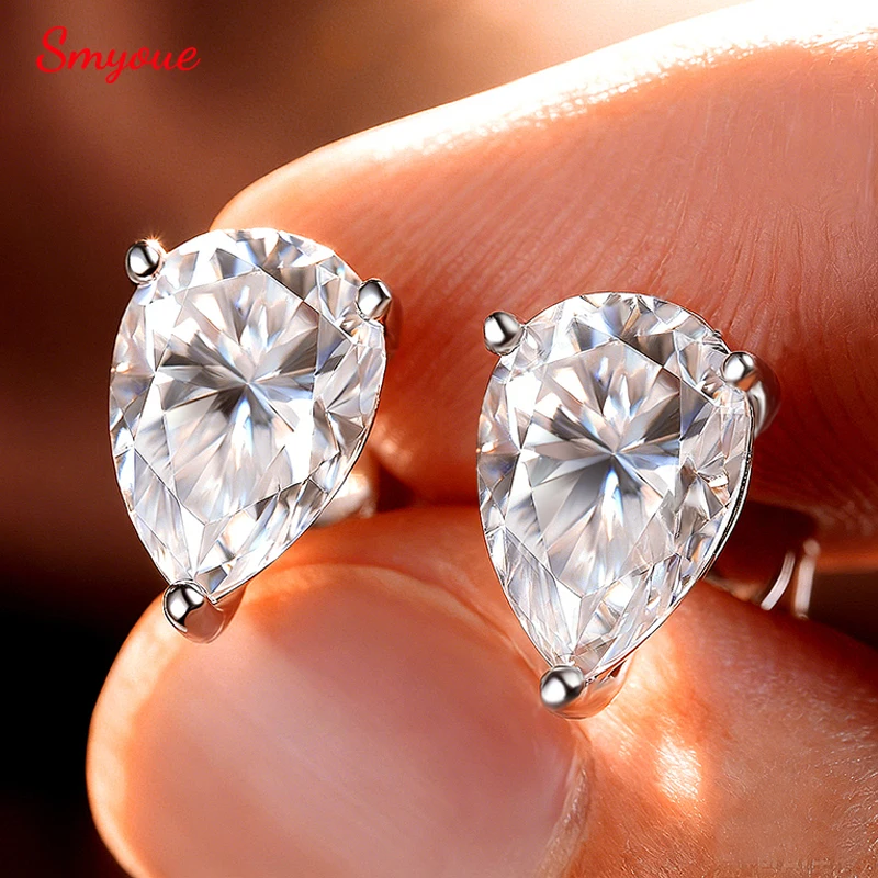 Smyoue 0.5CT 1CT Pear Cut Certified Moissanite Stud Earrings for Women 100% 925 Sterling Silver Plated 18k Gold Wedding Jewelry