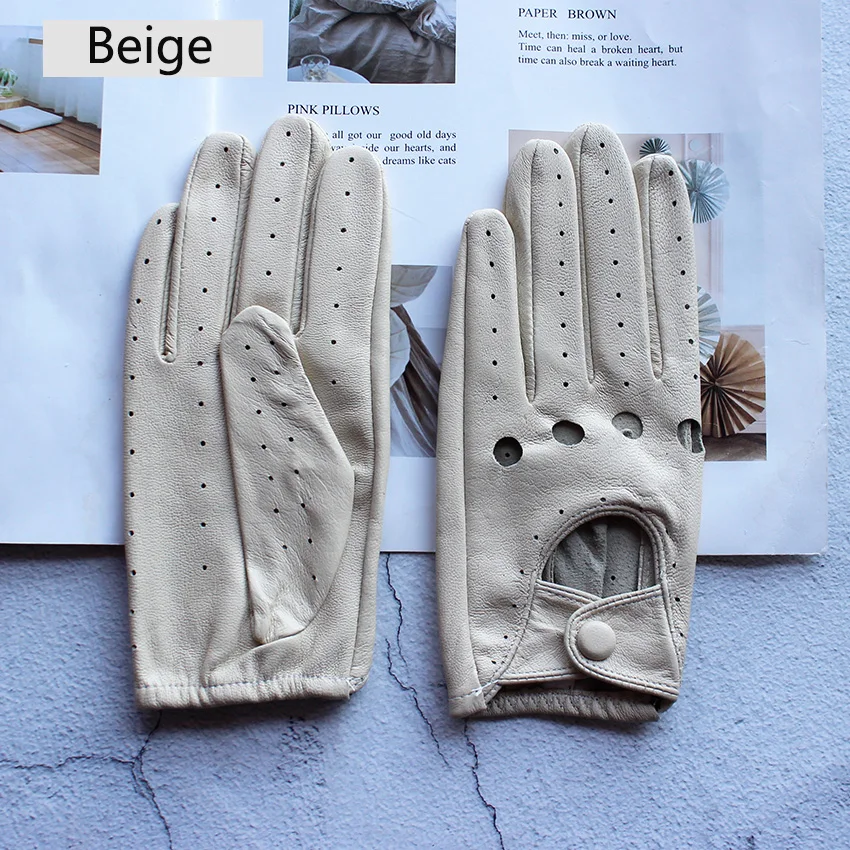 Summer Driving Leather Gloves Women's Thin Sheepskin Unlined Fashionable Hollowed Out All Finger Motorcycle Riding Gloves